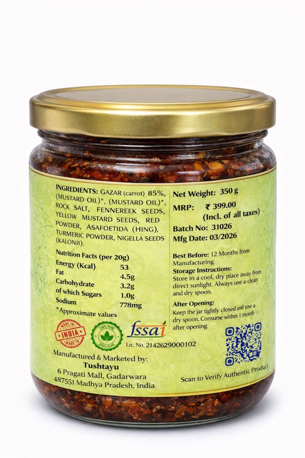 Carrot Pickle (Gajar Achar) | Sun-Cured | Mild Spicy & Tangy | Preservative-Free